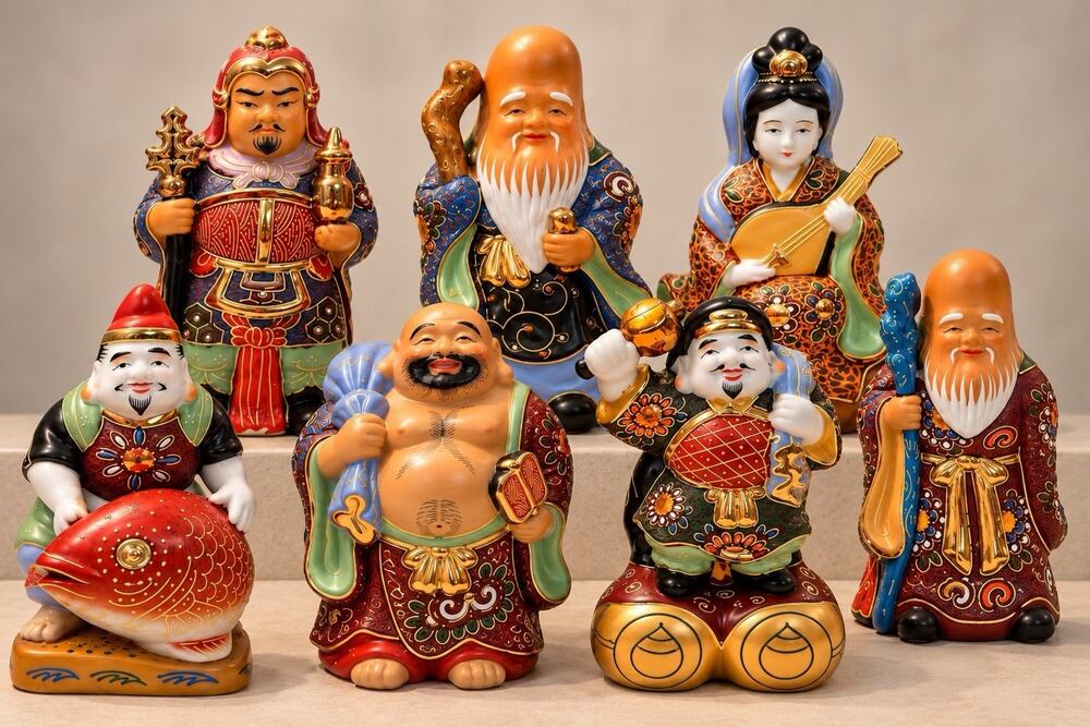 Vintage Kutani Seven Lucky Gods Shichifukujin Complete Set 7pc Moriage Japan